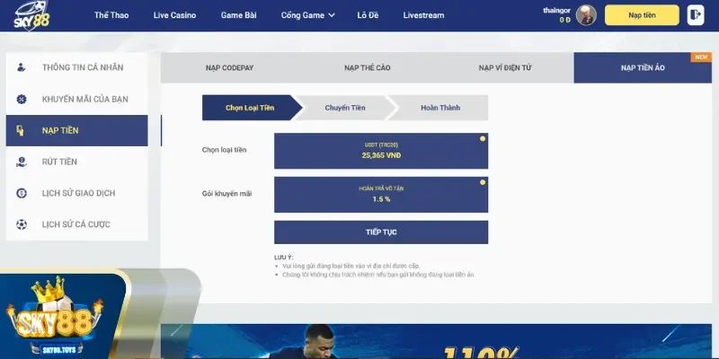 Nạp Tiền SKY88 phổ thông phương thức đơn giản cho newbie